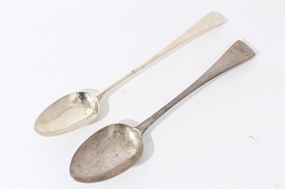 Lot 83 - George III Old English pattern silver basting spoon with engraved initials (London 1790) together with another similar, all at 6.5oz, 28.8 and 29.5cm in length (2)