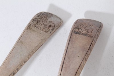 Lot 137 - Pair of George III silver old english pattern sauce ladles with feather edges and engraved armorials (marks rubbed) together with a group of Georgian and later flatware (various dates and makers)