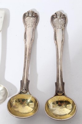 Lot 137 - Pair of George III silver old english pattern sauce ladles with feather edges and engraved armorials (marks rubbed) together with a group of Georgian and later flatware (various dates and makers)