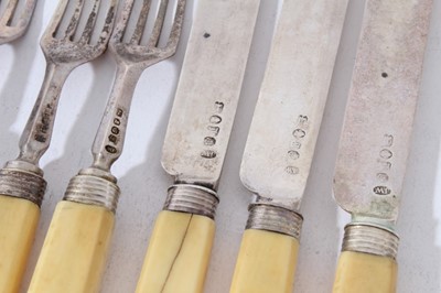 Lot 136 - Group of William IV silver fruit cutlery comprising seven forks and three knives, all with ivory handles, (Birmingham 1830), maker Joseph Willmore (10 pieces)