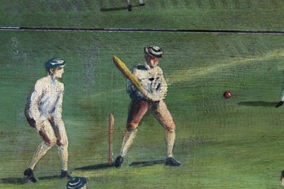 Lot 19 - Decorative oil on panel depicting the Oxford V. Cambridge University Challenge Cup Cricket Match, framed, 50cm x 76cm