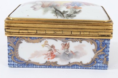 Lot 109 - Good quality 18th/19th century continental ormolu-mounted porcelain box, painted with figural scenes, some in scrollwork cartouches on blue daiaper grounds, 8.5cm width
