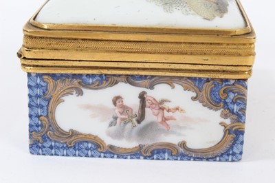 Lot 109 - Good quality 18th/19th century continental ormolu-mounted porcelain box, painted with figural scenes, some in scrollwork cartouches on blue daiaper grounds, 8.5cm width