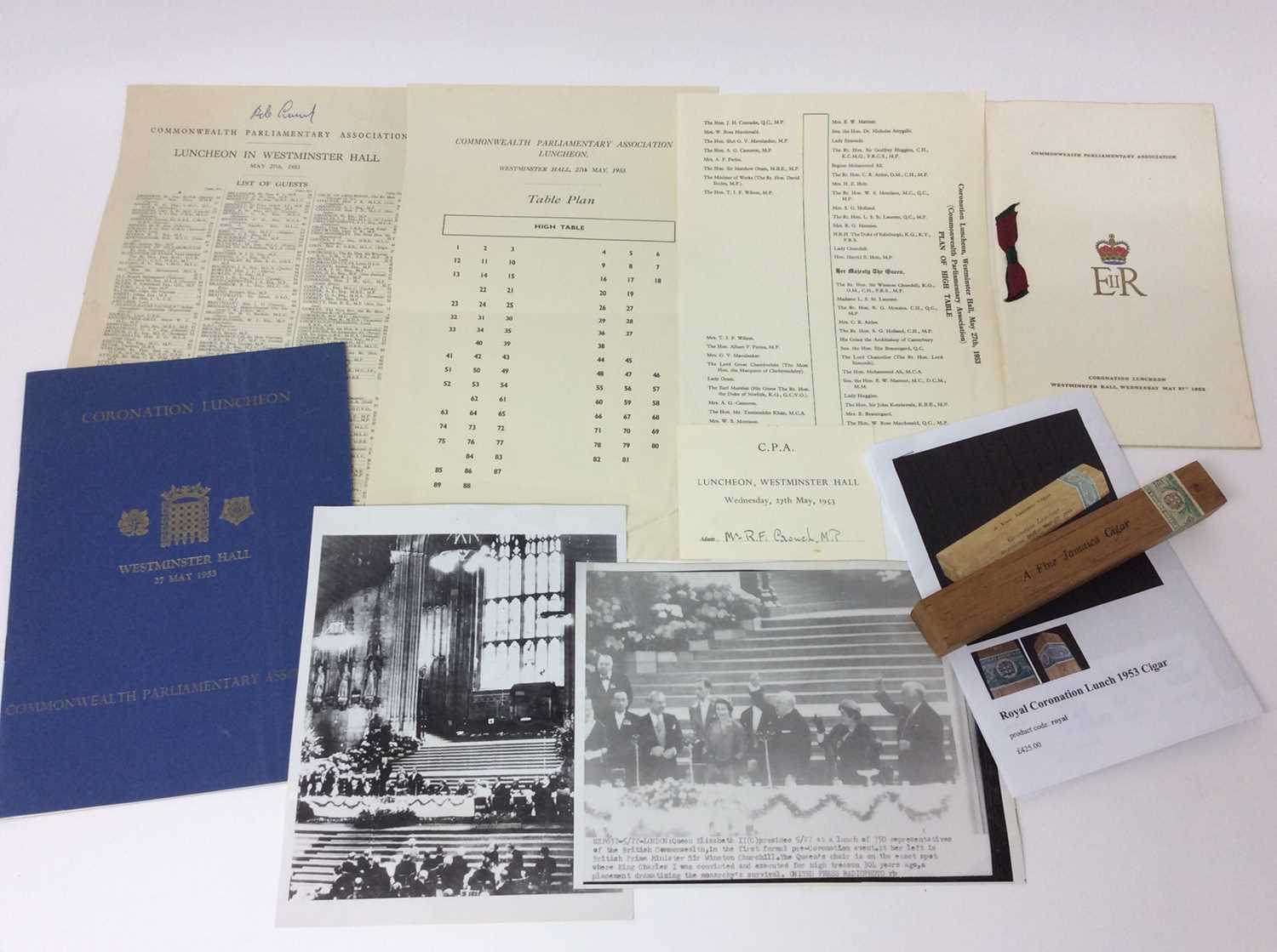 Lot 89 - The Commonwealth Parliamentary Association Coronation Luncheon held at Westminster Hall, Wednesday May 27th 1953- a fine Jamaica cigar - in its original sealed wooden box with printed inscription ,...