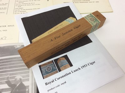 Lot 89 - The Commonwealth Parliamentary Association Coronation Luncheon held at Westminster Hall, Wednesday May 27th 1953- a fine Jamaica cigar - in its original sealed wooden box with printed inscription ,...