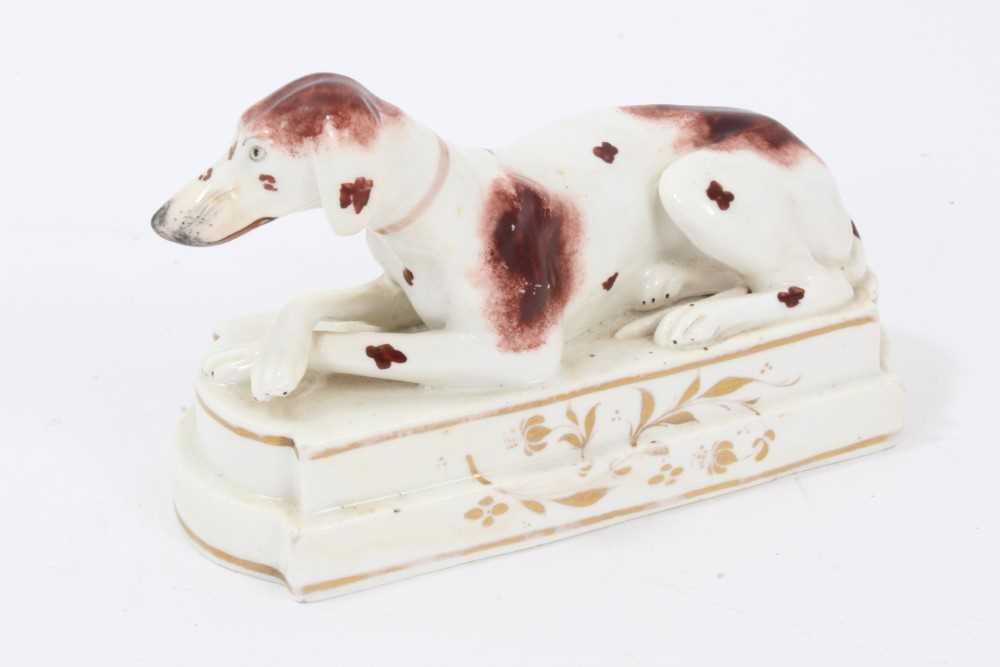 Lot 107 - Staffordshire model of a Pointer, c.1830, shown recumbent, front legs crossed, on a stepped base, enamel painted and gilt-lined, 15cm width