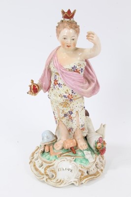 Lot 99 - Two Derby porcelain figures emblematic of the continents, c.1800, to include Europe and America, inscribed numbers to bases, 22cm height