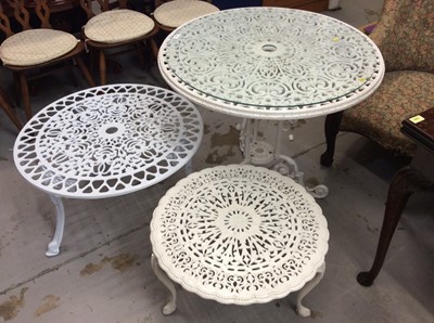 Lot 981 - White painted aluminium circular garden table and two smaller garden tables (3)