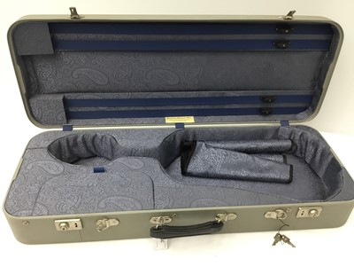 Lot 35 - Good quality violin case by Paxman Ltd., grey finish and silk lined fitted interior, together with a similar double violin case (partially unfinished) (2)