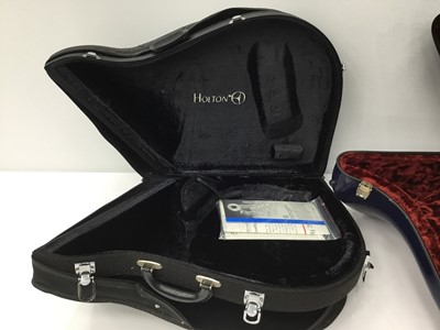 Lot 7 - Holton French horn case, black fabric finish and soft cover, together with another French horn case