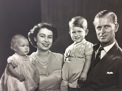 Lot 63 - H.R.H Princess Elizabeth (later H.M. Queen Elizabeth ) and H.R.H. Prince Phillip with their two children Prince Charles and Princess Anne, fine 1951 black and white J.Karsh portrait photograph sign...