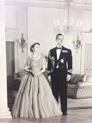 Lot 64 - H.M.Queen Elizabeth II and H.R.H. The Duke of Edinburgh, fine 1952 Baron black and white portrait photograph of the Royal couple , mounted on card with folder and photographers stamp to image 37.5...