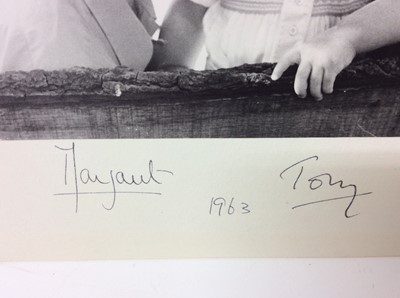 Lot 65 - H.R.H The Princess Margaret Countess of Snowdon and her young son Lord David Linley , signed 1963 Lord Snowdon black and white portrait photograph signed in ink on mount by the Princess and her hus...