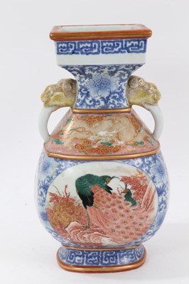 Lot 142 - Antique Japanese Meiji period porcelain vase, painted in the Satsuma style with panels containing peacocks, landscape scenes and dragons, on an underglaze blue ground, with beast mask handles, 29cm...