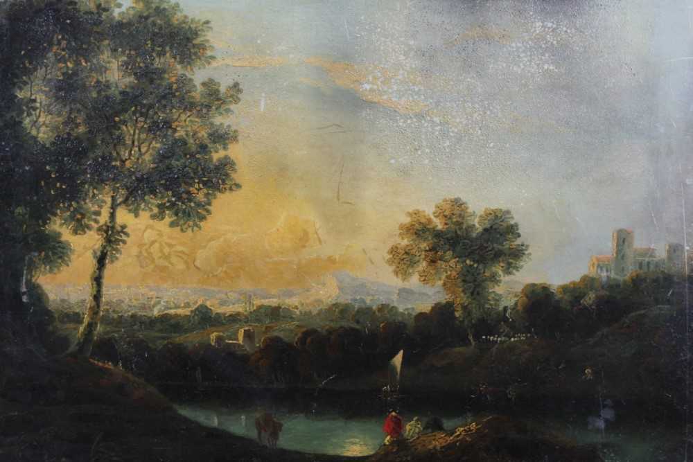 Lot 168 - Manner of Richard Wilson (1714-1782), oil on canvas, An 18th century extensive river landscape with figures and a cow on the river bank, a sailing vessel beyond, unframed, 46 x 61cm