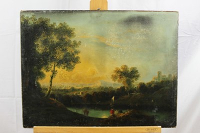 Lot 168 - Manner of Richard Wilson (1714-1782), oil on canvas, An 18th century extensive river landscape with figures and a cow on the river bank, a sailing vessel beyond, unframed, 46 x 61cm