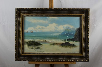 Lot 166 - William Langley (act. 1880-1920), oil on canvas, A coastal scene with seabirds flying over the foreshore, fishing vessels beyond, signed, in gilt frame, 49 x 59cm