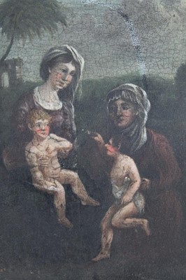 Lot 165 - Early 18th century Continental School, oil on panel, The Virgin Mary with Jesus and Elizabeth with the infant St. John in a landscape, unframed, 15 x 14cm