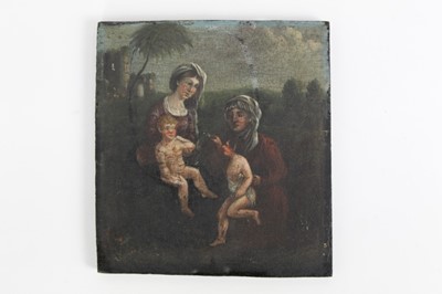 Lot 165 - Early 18th century Continental School, oil on panel, The Virgin Mary with Jesus and Elizabeth with the infant St. John in a landscape, unframed, 15 x 14cm
