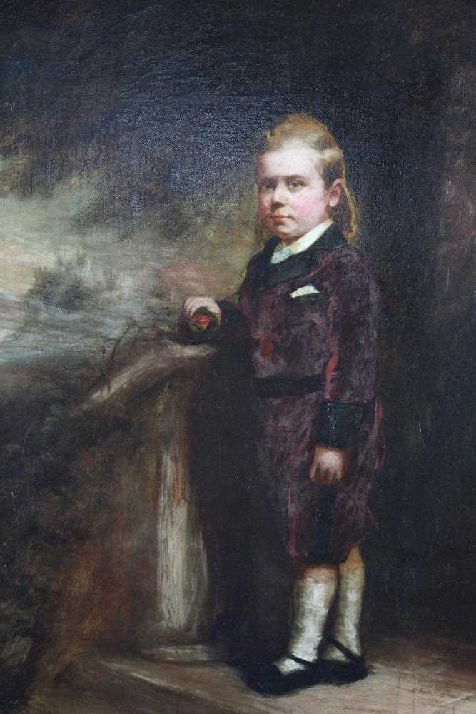 Lot 130 - John Horsburgh (1835-1924), A portrait of a child standing by a lecturn, Edinburgh Castle in the distance, signed and dated 1872, and inscribed Edin, in original gilt frame, 57 x 44cm