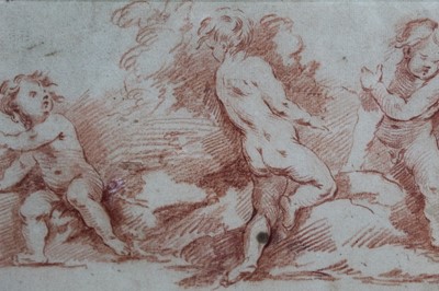 Lot 128 - Attributed to Francois Boucher (1703-1770), An 18th century study of putti, red chalk, in gilt frame, 20.5 x 35.5cm