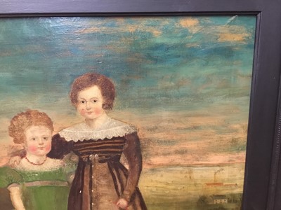 Lot 169 - 19th century American School, a naive oil on canvas of two children standing in a landscape, in gilt frame, 74 x 60cm
