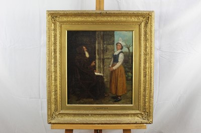 Lot 127 - John Crompton (1854-1927), oil on canvas, A young lady receiving religious instruction from a holy man, in gilt frame, 39 x 34cm