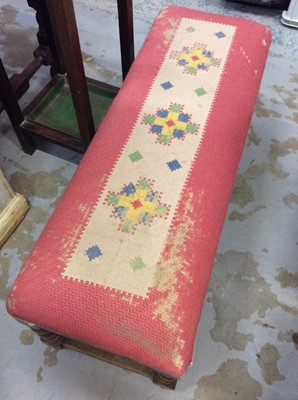 Lot 1019 - Oak fire screen with embroidered ship panel on barley twist supports, oak umbrella/stick stand and long footstool with tapestry seat