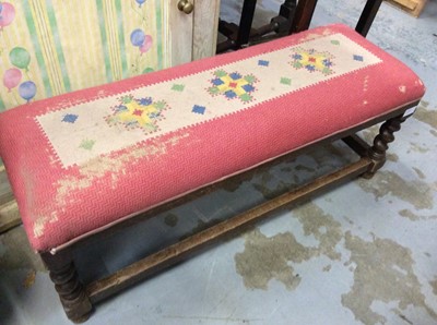 Lot 1019 - Oak fire screen with embroidered ship panel on barley twist supports, oak umbrella/stick stand and long footstool with tapestry seat