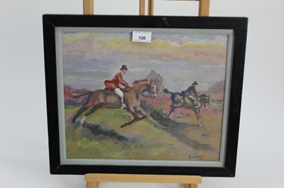 Lot 126 - Ronald Ossory Dunlop (1894-1973), oil on board, A hunting scene with riders jumping a ditch, signed, in painted frame, 28 x 34cm