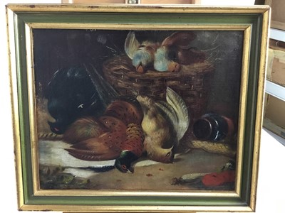 Lot 125 - 19th century English School, oil on canvas, A game larder, indistinctly signed and dated, in gilt frame, 30 x 38cm