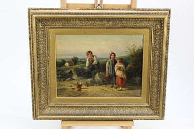 Lot 124 - J. Stewart, oil on canvas, A 19th century oil on canvas of children collecting water, the smallest child crying over a broken jug, signed, in gilt frame, 22 x 30cm