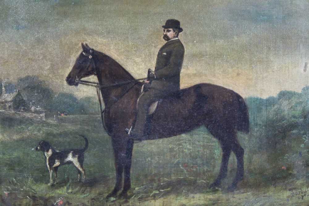 Lot 122 - J. Garbut, oil on canvas, A country scene with a gentleman wearing a bowler hat and seated on a bay hunter, his dog nearby, signed and dated Apr. 1860, unframed, 43 x 53cm
