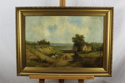 Lot 170 - Alfred H. Vickers (1853-1907), oil on canvas, Figures on a rough path by a farmhouse, a river beyond, signed and dated, in gilt frame, 40 x 60cm