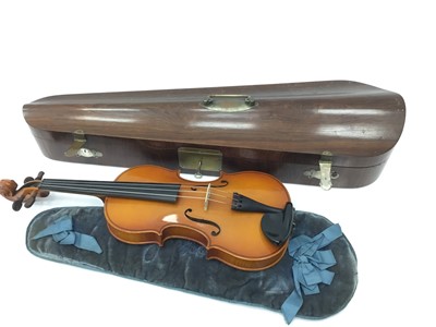 Lot 90 - Fine quality Victorian rosewood violin case, with plated mounts, plush fabric lined interior, together with a modern Romanian full size violin. Wear to metal mounts, staining to velvet lining, over...