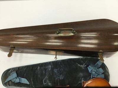 Lot 90 - Fine quality Victorian rosewood violin case, with plated mounts, plush fabric lined interior, together with a modern Romanian full size violin. Wear to metal mounts, staining to velvet lining, over...