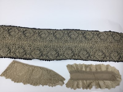 Lot 1757 - 19th century silk Brussels Point de Gaze fine needlepoint matching lace collar, dress front, flounces.  An Edwardian cream silk skirt with blonde lace front panel, lace sleeveles top, other silk la...