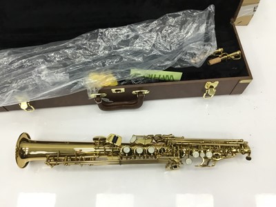 Lot 108 - Earlham series II brass soprano saxophone, serial number 0195200, fitted case with various accessories, as new condition