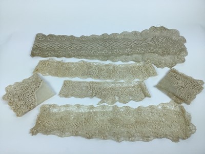 Lot 1760 - A collection of Antique lace including two Maltese silk lace lappets and handkerchiefs,  Irish crochet collar, a pair of net lace ruffled sleeves with bobbin lace cuffs, Limerick lace stole, other...