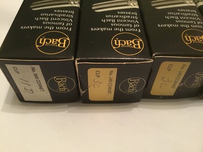 Lot 53 - Five Bach 349 cornet mouthpieces - 3C (2), 11D, 10 1/2D, 12C. All boxed and new