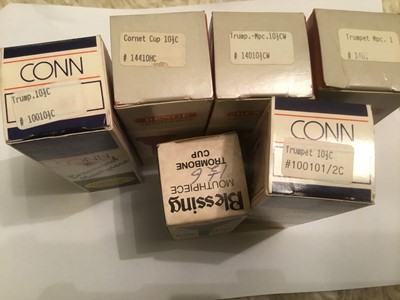 Lot 59 - Various mouthpieces including Benge trumpet and cornet, Conn trumpet and Blessing trombone, all boxed and as new. (10)