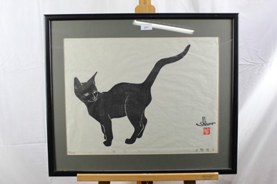 Lot 211 - Satoko Hirano, Japanese, b.1947, woodcut of a cat, framed, signed in Japanese in pencil, ed. 56/200, 53cm x 40cm
