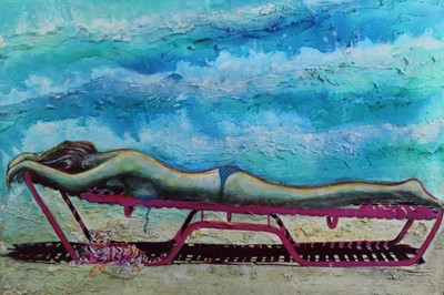 Lot 213 - Linda Sutton, mixed media painting of a sunbathing woman, framed, signed lower right, titled 'The Beach, Hotel des Bains, Venice Lido' verso, 47cm x 36cm