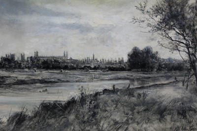 Lot 212 - Robert William Arthur Rouse (1867-1951), A View of Eton, signed lower right, oil on board, en grisaille, 44cm x 27cm