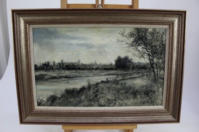 Lot 128 - Robert William Arthur Rouse (1867-1951), A View of Eton, signed lower right, oil on board, en grisaille, 44cm x 27cm
