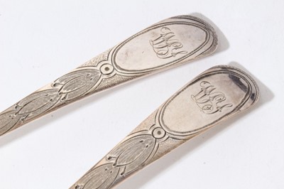 Lot 129 - Pair of George III Old English pattern table spoons with engraved initials, later converted to 'Berry Spoons' (various dates and makers) in velvet lined fitted case, 3.5oz, each 21.5cm in length