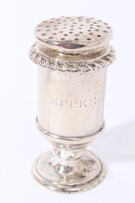 Lot 131 - 19th Century Indian Colonial silver pepperette of cylindrical form, the body engraved pepper, with push fit pierced cover with garooned border, marks to base for Hamilton & Co, Calcutta, all at 3oz...