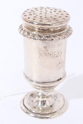 Lot 131 - 19th Century Indian Colonial silver pepperette of cylindrical form, the body engraved pepper, with push fit pierced cover with garooned border, marks to base for Hamilton & Co, Calcutta, all at 3oz...