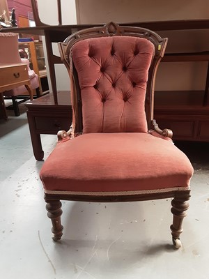 Lot 1057 - Victorian walnut framed chair with buttoned pink upholstery