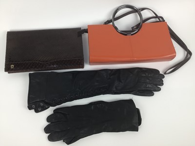 Lot 1762 - Texier black leather handbag with soft protective bag, Orange leather bag by Daniel Amoda, Snake skin bag by Pierre Cardin plus two pairs of black leather long length ladies gloves.